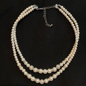 Double Strand Pearl Necklace with Rhinestones